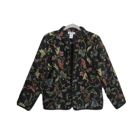 Serengeti Jackets & Blazers - Serengeti Womens Tapestry Jacket Black Floral Vine Open Front Pockets Size Med